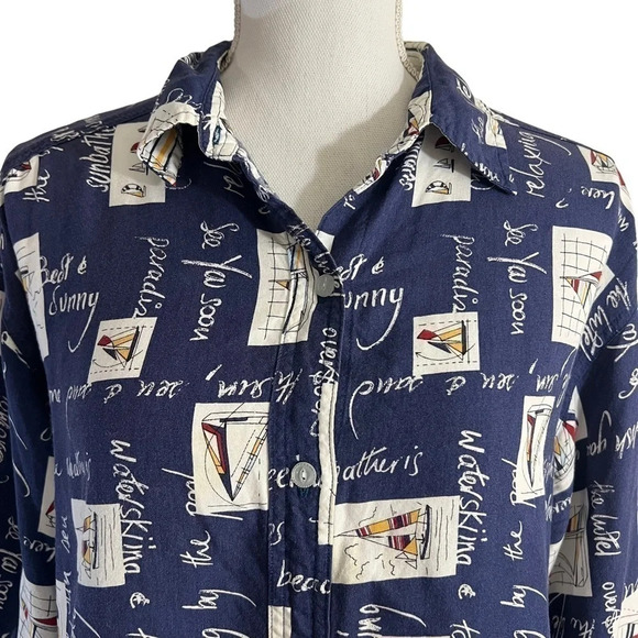 Jennifer Moore Button Up Shirt Large Novelty Boat Print Nautical Sailing Beach - Picture 4 of 9